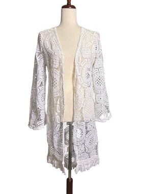 Retro Threads White Crochet Open-Front Duster Kimono Size Medium